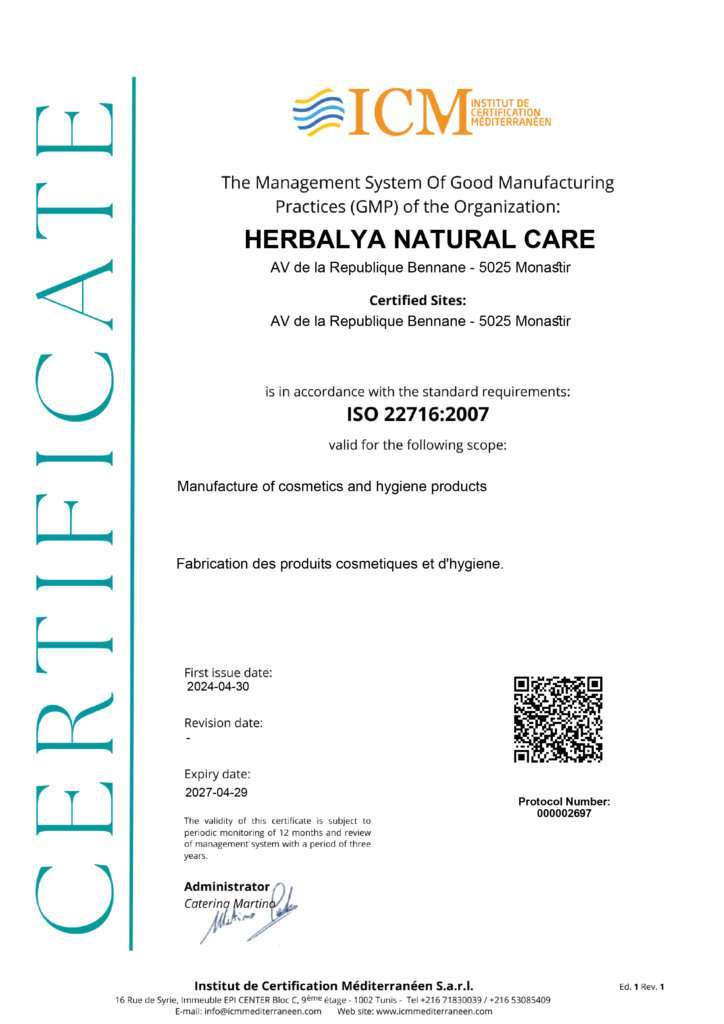 certificat iso22716 herbalya natural care
