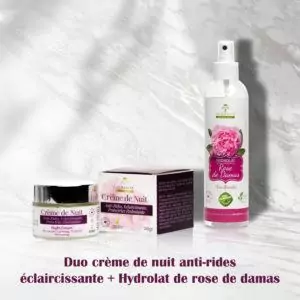 Duo crème de nuit antirides éclaircissante protectrice hydratante & eau florale de rose de damas