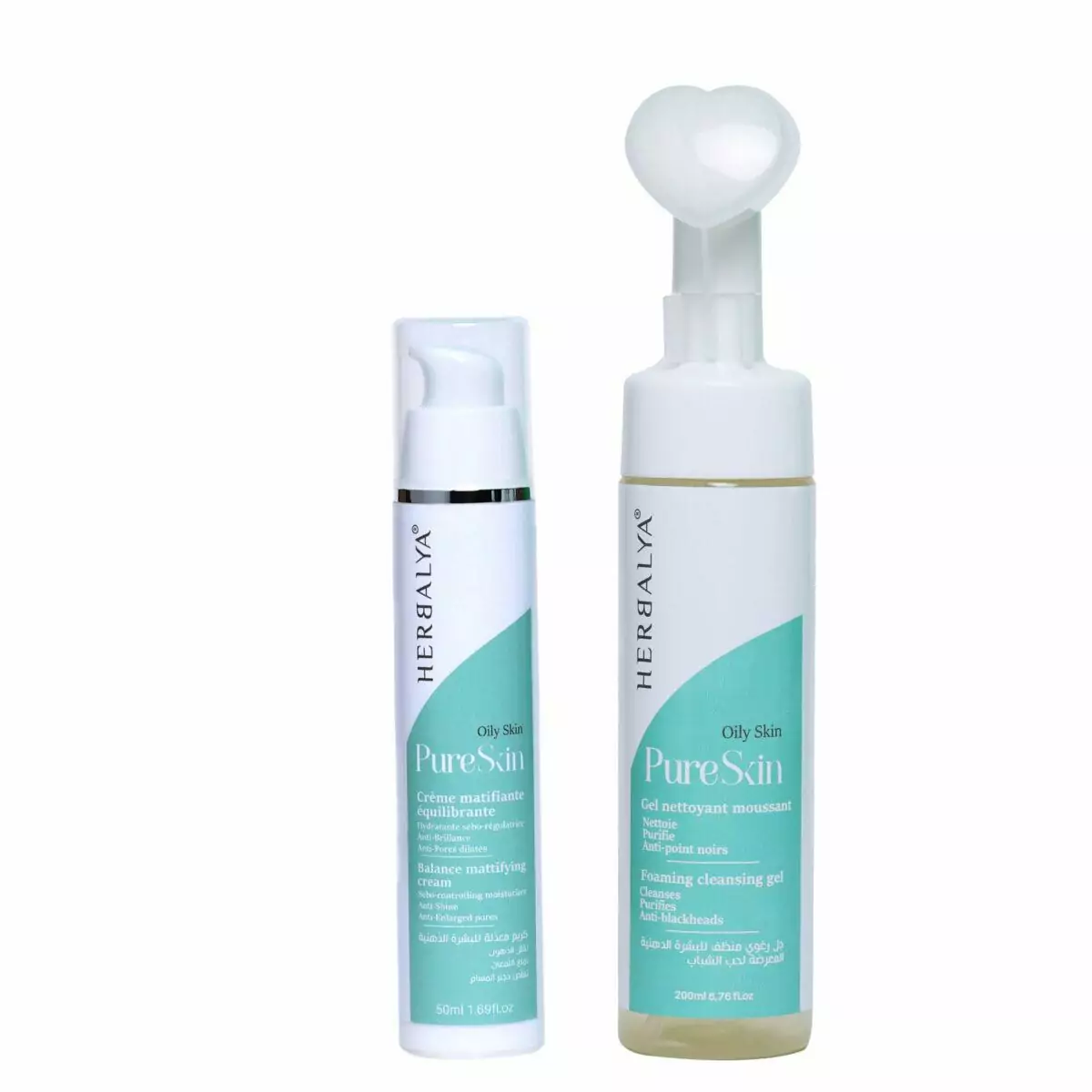 duo gel néttoyant moussant pureskin avec brosse en silicone 200 ml avec la crème équilibrante matifiante antiage pureskin