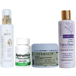 Pack lina secret + masque cheveux purifiant+ sipruline bio+ shampo gel lavande fleurs de cotton