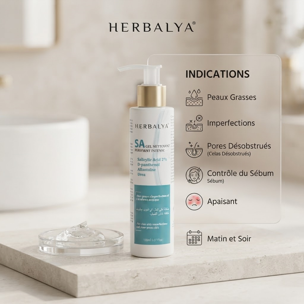 Le SA Gel Nettoyant Purifiant Herbalya offre un nettoyage profond aux peaux grasses à tendance acnéique. Sa formule experte (2% BHA, Panthénol) désincruste les pores et matifie. Certifié ISO 22716.