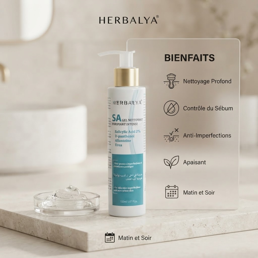 Le SA Gel Nettoyant Purifiant Herbalya offre un nettoyage profond aux peaux grasses à tendance acnéique. Sa formule experte (2% BHA, Panthénol) désincruste les pores et matifie. Certifié ISO 22716.