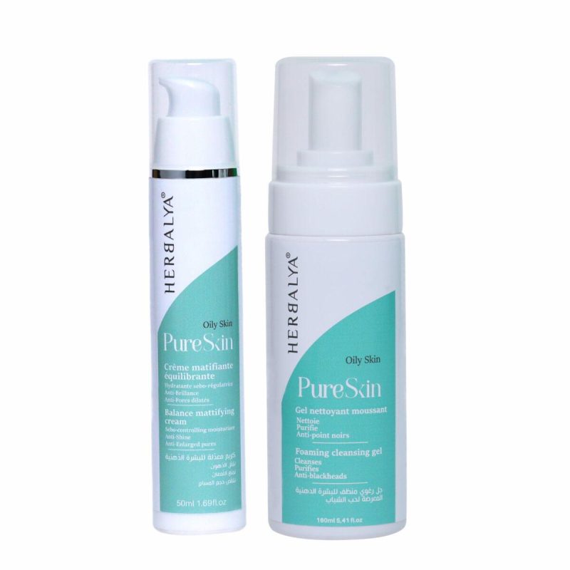 duo gel néttoyant moussant pureskin 160 ml avec la crème équilibrante matifiante antiage pureskin